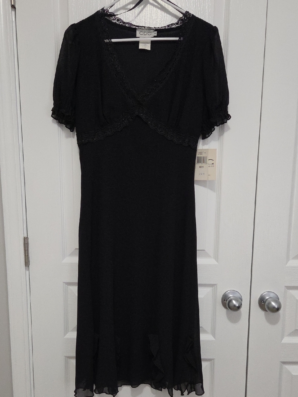 CDC Black Lace & Bead Trim Dress with Flutter Sleeves